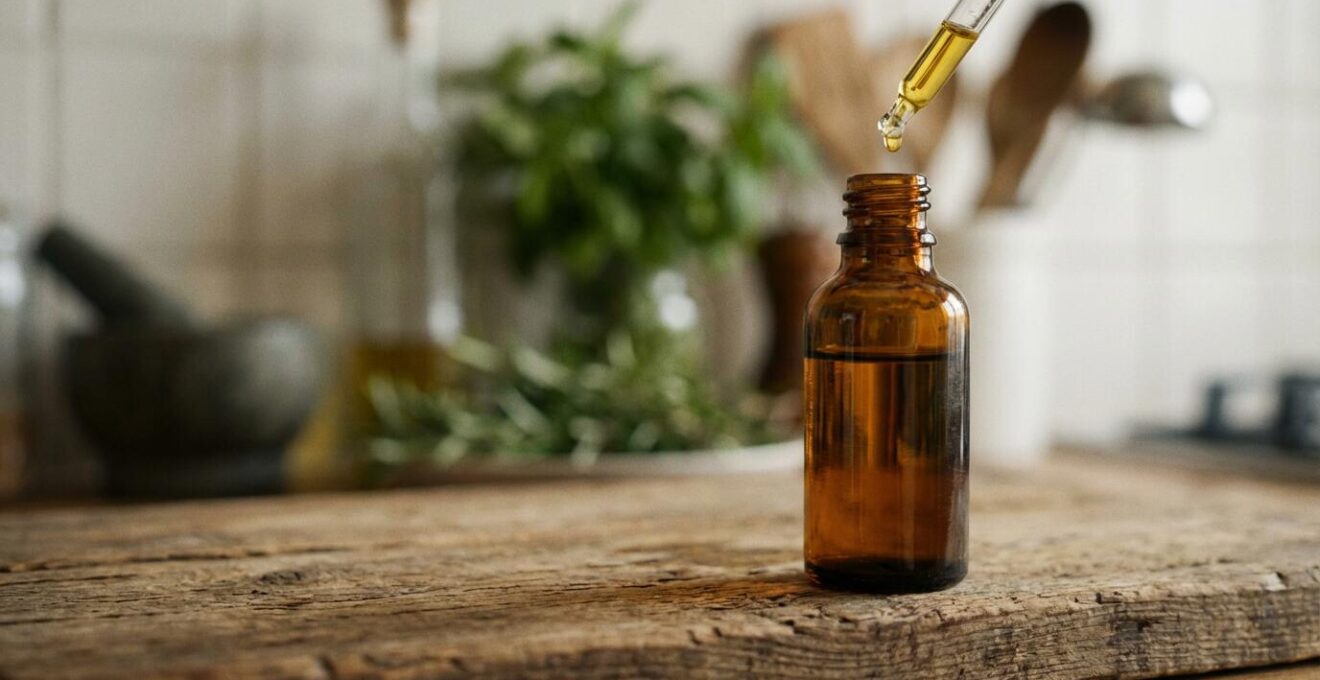 Flacon d'huile CBD avec compte-gouttes sur planche en bois