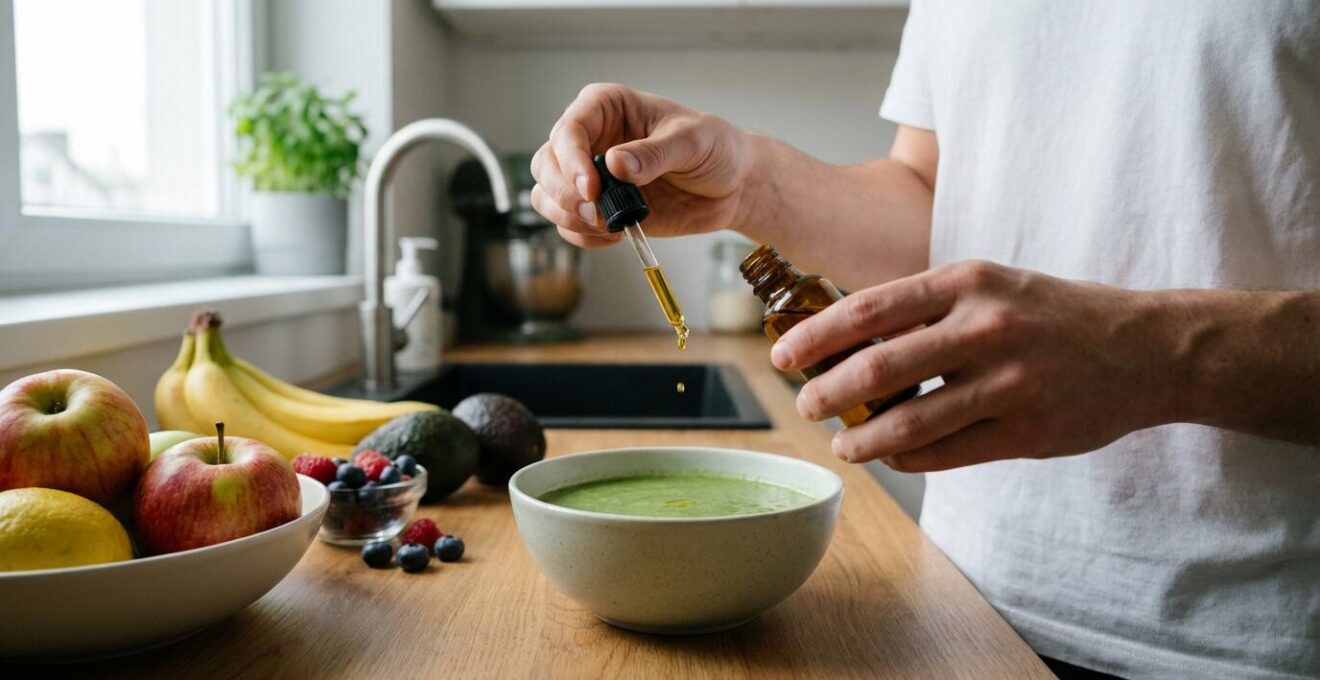 Personne versant des gouttes d'huile CBD dans un smoothie vert en cuisine