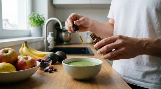 Personne versant des gouttes d'huile CBD dans un smoothie vert en cuisine