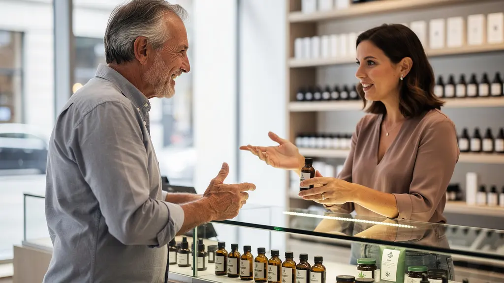 Client discutant avec un conseiller dans une boutique CBD moderne (qualité CBD)