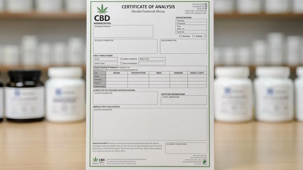 Certificat d'analyse CBD posé sur un comptoir de boutique (traçabilité produit)