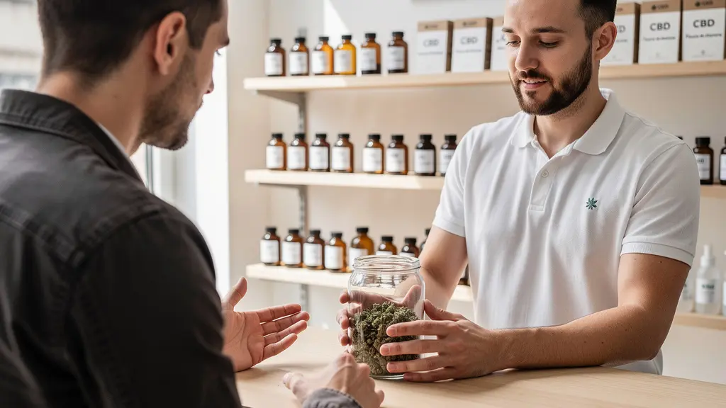 Vendeur CBD expliquant un produit à un client attentif (expertise conseil)