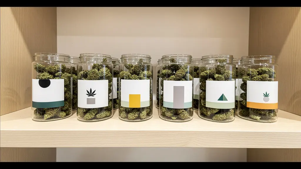 Bocaux de fleurs CBD de qualité sur étagère boutique (présentation soignée)